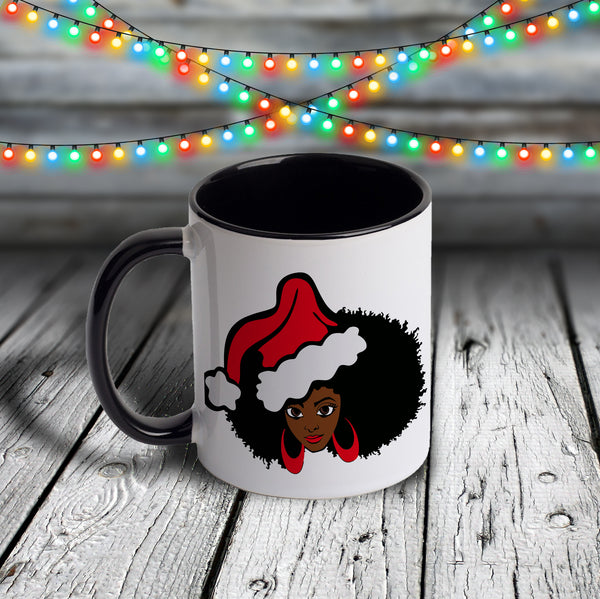 11oz Custom Christmas Mug - Afro Girl with Santa Hat and Hoops