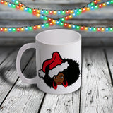 11oz Custom Christmas Mug - Afro Girl with Santa Hat and Hoops