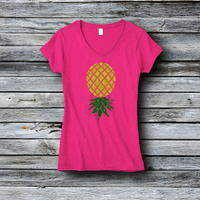 Glitter Rhinestone Women's V-Neck Custom Tees - Pineapple Lovers